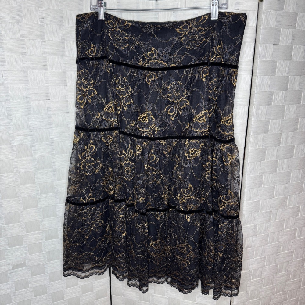 Lauren Ralph Lauren Black Gold Lace Tiered Maxi Skirt Velvet Grunge WhimsiGoth
